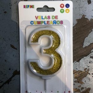 شمعة عيد ميلاد لتزيين التورتة رقم 3 ذهبي