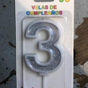 شمعة عيد ميلاد لتزيين التورتة رقم 3 فضي