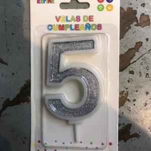 شمعة عيد ميلاد لتزيين التورتة رقم 5 فضي